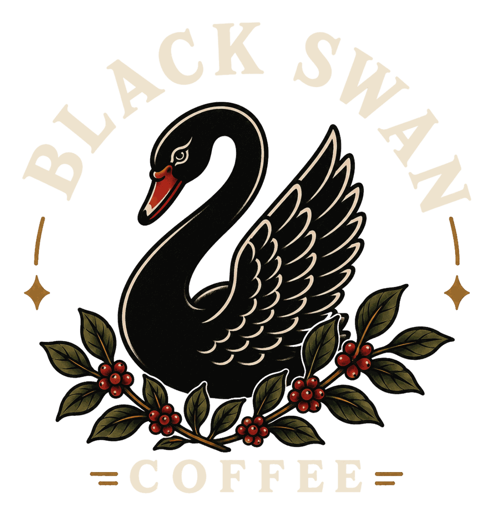 Black Swan Coffee logo: a black swan with coffee cherries and leaves